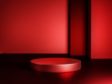 Fotokopi alanı ile minimalizm tarzında sunum yapmak için kırmızı renk podyumuna sahip sahne, 3d soyut arkaplan tasarımı