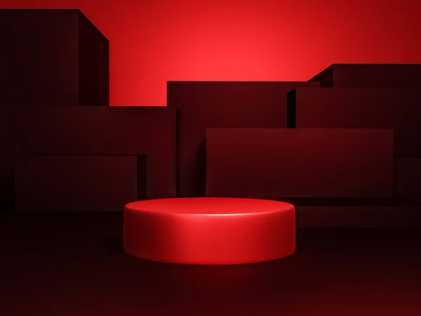 Scene with red color podium for mock up presentation in minimalism style with copy space, 3d render abstract background design