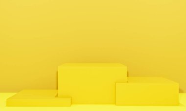 Fotokopi alanı ile minimalizm tarzında sunum yapmak için sarı renkli podyum sahnesi, 3d soyut arkaplan tasarımı