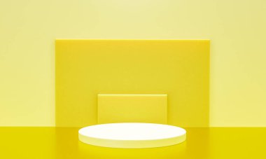 Fotokopi alanı ile minimalizm tarzında sunum yapmak için sarı renkli podyum sahnesi, 3d soyut arkaplan tasarımı