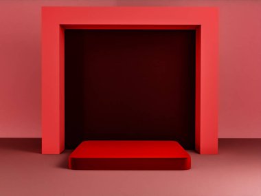 Fotokopi alanı ile minimalizm tarzında sunum yapmak için kırmızı renk podyumuna sahip sahne, 3d soyut arkaplan tasarımı