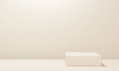 Fotokopi alanı ile minimalizm tarzında sunum yapmak için bej renk podyumuna sahip sahne, 3d soyut arkaplan tasarımı