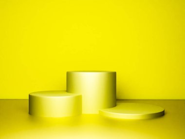 Fotokopi alanı ile minimalizm tarzında sunum yapmak için sarı renkli podyum sahnesi, 3d soyut arkaplan tasarımı