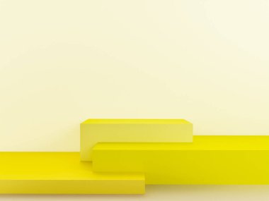 Fotokopi alanı ile minimalizm tarzında sunum yapmak için sarı renkli podyum sahnesi, 3d soyut arkaplan tasarımı