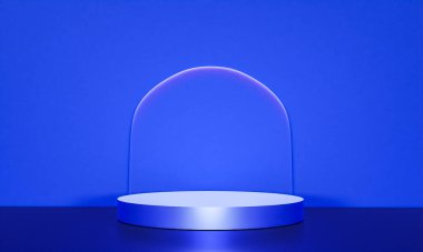Fotokopi alanı ile minimalizm tarzında sunum yapmak için mavi renk podyumuna sahip sahne, soyut arkaplan tasarımı 3d