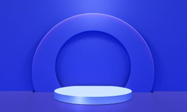 Fotokopi alanı ile minimalizm tarzında sunum yapmak için mavi renk podyumuna sahip sahne, soyut arkaplan tasarımı 3d