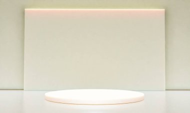 Fotokopi alanı ile minimalizm tarzında sunum yapmak için bej renk podyumuna sahip sahne, 3d soyut arkaplan tasarımı