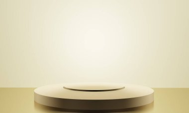 Fotokopi alanı ile minimalizm tarzında sunum yapmak için bej renk podyumuna sahip sahne, 3d soyut arkaplan tasarımı