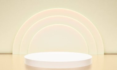 Fotokopi alanı ile minimalizm tarzında sunum yapmak için bej renk podyumuna sahip sahne, 3d soyut arkaplan tasarımı