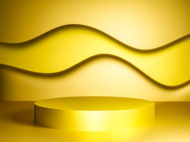Fotokopi alanı ile minimalizm tarzında sunum yapmak için sarı renkli podyum sahnesi, 3d soyut arkaplan tasarımı