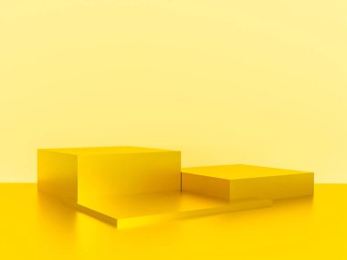 Fotokopi alanı ile minimalizm tarzında sunum yapmak için sarı renkli podyum sahnesi, 3d soyut arkaplan tasarımı