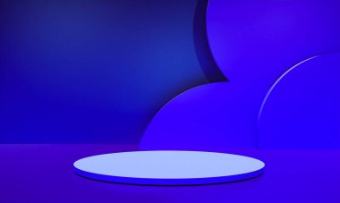 Fotokopi alanı ile minimalizm tarzında sunum yapmak için mavi renk podyumuna sahip sahne, soyut arkaplan tasarımı 3d