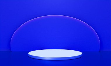 Fotokopi alanı ile minimalizm tarzında sunum yapmak için mavi renk podyumuna sahip sahne, soyut arkaplan tasarımı 3d