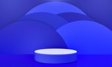 Fotokopi alanı ile minimalizm tarzında sunum yapmak için mavi renk podyumuna sahip sahne, soyut arkaplan tasarımı 3d