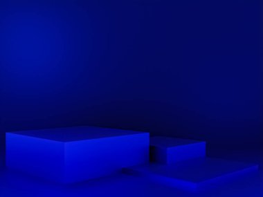 Fotokopi alanı ile minimalizm tarzında sunum yapmak için koyu mavi renk podyumuna sahip sahne, 3d soyut arkaplan tasarımı