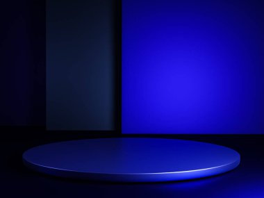 Fotokopi alanı ile minimalizm tarzında sunum yapmak için koyu mavi renk podyumuna sahip sahne, 3d soyut arkaplan tasarımı