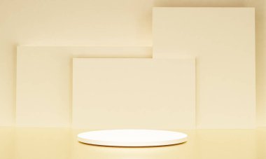 Fotokopi alanı ile minimalizm tarzında sunum yapmak için bej renk podyumuna sahip sahne, 3d soyut arkaplan tasarımı
