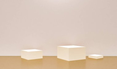 Fotokopi alanı ile minimalizm tarzında sunum yapmak için bej renk podyumuna sahip sahne, 3d soyut arkaplan tasarımı