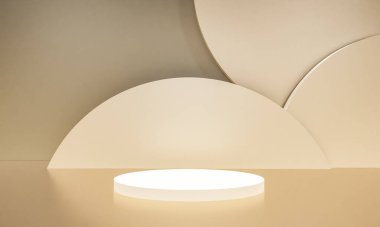Fotokopi alanı ile minimalizm tarzında sunum yapmak için bej renk podyumuna sahip sahne, 3d soyut arkaplan tasarımı