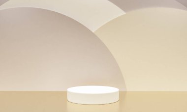 Fotokopi alanı ile minimalizm tarzında sunum yapmak için bej renk podyumuna sahip sahne, 3d soyut arkaplan tasarımı