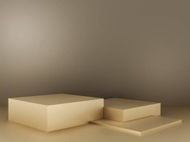 Fotokopi alanı ile minimalizm tarzında sunum yapmak için bej renk podyumuna sahip sahne, 3d soyut arkaplan tasarımı