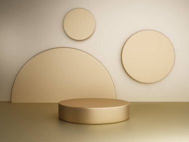 Fotokopi alanı ile minimalizm tarzında sunum yapmak için bej renk podyumuna sahip sahne, 3d soyut arkaplan tasarımı