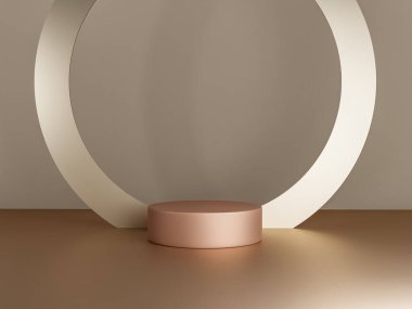 Fotokopi alanı ile minimalizm tarzında sunum yapmak için bej renk podyumuna sahip sahne, 3d soyut arkaplan tasarımı