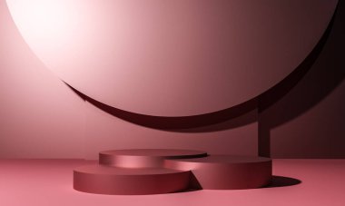 Fotokopi alanı ile minimalizm tarzında sunum için pembe renk podyumuna sahip sahne, soyut arkaplan tasarımı 3d