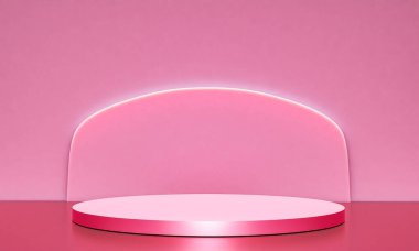 Fotokopi alanı ile minimalizm tarzında sunum için pembe renk podyumuna sahip sahne, soyut arkaplan tasarımı 3d
