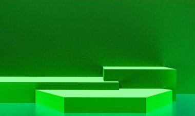 Fotokopi alanı ile minimalizm tarzında sunum yapmak için yeşil renk podyumuna sahip sahne, 3d soyut arkaplan tasarımı