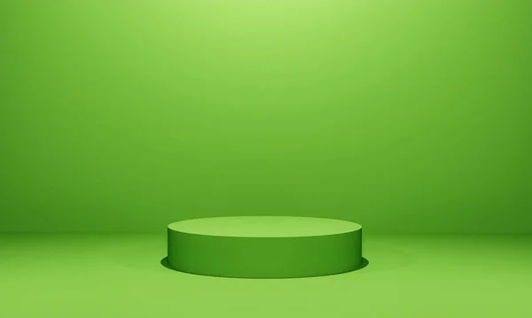 Fotokopi alanı ile minimalizm tarzında sunum yapmak için yeşil renk podyumuna sahip sahne, 3d soyut arkaplan tasarımı