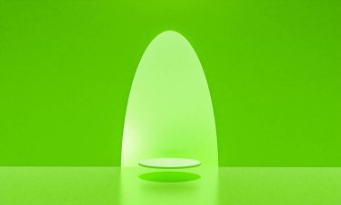 Fotokopi alanı ile minimalizm tarzında sunum yapmak için yeşil renk podyumuna sahip sahne, 3d soyut arkaplan tasarımı