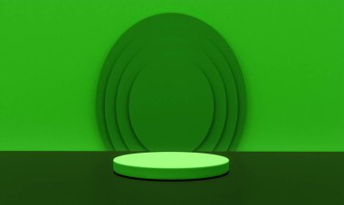 Fotokopi alanı ile minimalizm tarzında sunum yapmak için yeşil renk podyumuna sahip sahne, 3d soyut arkaplan tasarımı