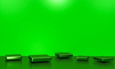 Fotokopi alanı ile minimalizm tarzında sunum yapmak için yeşil renk podyumuna sahip sahne, 3d soyut arkaplan tasarımı
