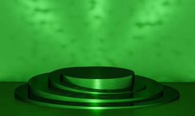 Fotokopi alanı ile minimalizm tarzında sunum yapmak için yeşil renk podyumuna sahip sahne, 3d soyut arkaplan tasarımı