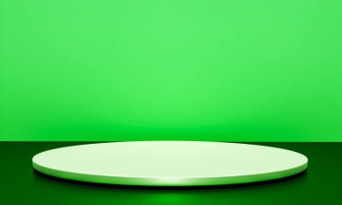 Fotokopi alanı ile minimalizm tarzında sunum yapmak için yeşil renk podyumuna sahip sahne, 3d soyut arkaplan tasarımı