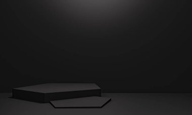 Fotokopi alanı ile minimalizm tarzında sunum yapmak için siyah renk podyumuna sahip sahne, soyut arkaplan tasarımı 3d