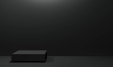 Fotokopi alanı ile minimalizm tarzında sunum yapmak için siyah renk podyumuna sahip sahne, soyut arkaplan tasarımı 3d