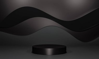 Fotokopi alanı ile minimalizm tarzında sunum yapmak için siyah renk podyumuna sahip sahne, soyut arkaplan tasarımı 3d