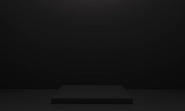 Fotokopi alanı ile minimalizm tarzında sunum yapmak için siyah renk podyumuna sahip sahne, soyut arkaplan tasarımı 3d