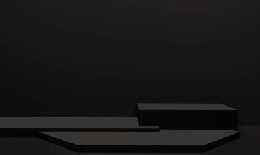 Fotokopi alanı ile minimalizm tarzında sunum yapmak için siyah renk podyumuna sahip sahne, soyut arkaplan tasarımı 3d