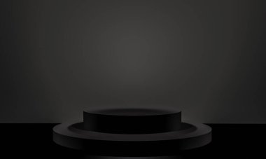 Fotokopi alanı ile minimalizm tarzında sunum yapmak için siyah renk podyumuna sahip sahne, soyut arkaplan tasarımı 3d