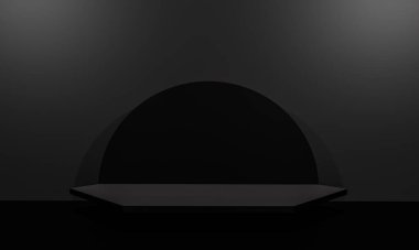 Fotokopi alanı ile minimalizm tarzında sunum yapmak için siyah renk podyumuna sahip sahne, soyut arkaplan tasarımı 3d