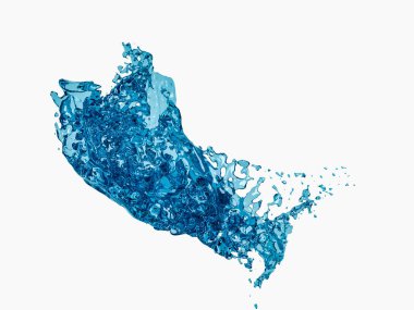 Güzel, soyut, şeffaf, şeffaf, beyaz arkaplanda mavi su sıçraması, 3 boyutlu çizim tasarımı