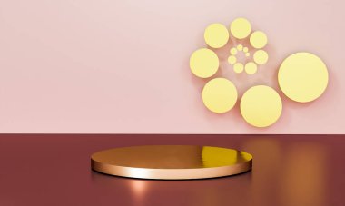 Fotokopi alanı ile minimalizm tarzında sunum yapmak için zarif, parlak podyuma sahip sahne, soyut arkaplan tasarımını 3d render