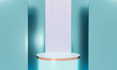 Fotokopi alanı ile minimalizm tarzında sunum yapmak için zarif, parlak podyuma sahip sahne, soyut arkaplan tasarımını 3d render