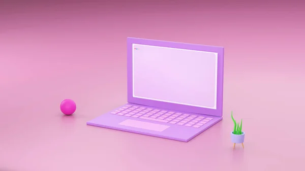 Minimal Concept Laptop Table Work Desk Pink Violet Color Mock — Stock Photo, Image