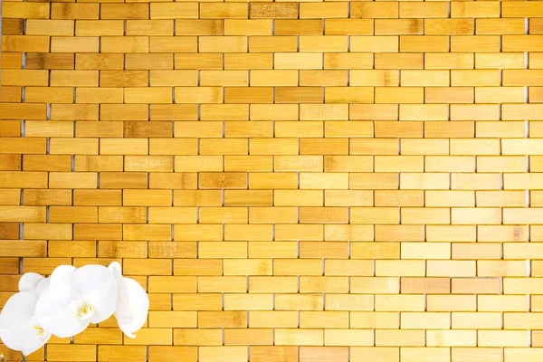 Bambu ahşap arka plan dokusunda beyaz orkide çiçeği. Spa, refah, zen konsepti. Üst Manzara. Düz yatıyordu. Kapatın. Seçici yumuşak odaklanma. Yüzeyin derinliği. Metin kopyalama alanı.