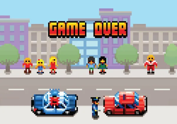 Game Over - coche detenido por la ilustración de la capa de estilo de videojuego pixel art policía — Vector de stock