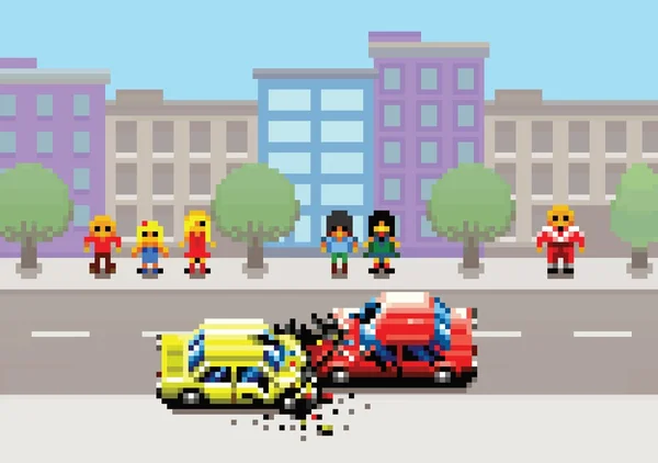 Auto crash-ongeluk op straat, pixel art game retro lagen illustratie — Stockvector